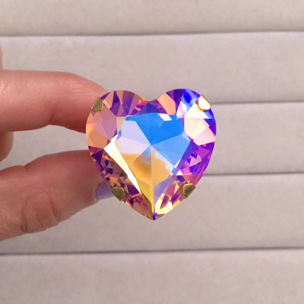 Iridescent Pink Topaz Aurora Borealis + Pastel Pink Oversized Crystal Heart Ring